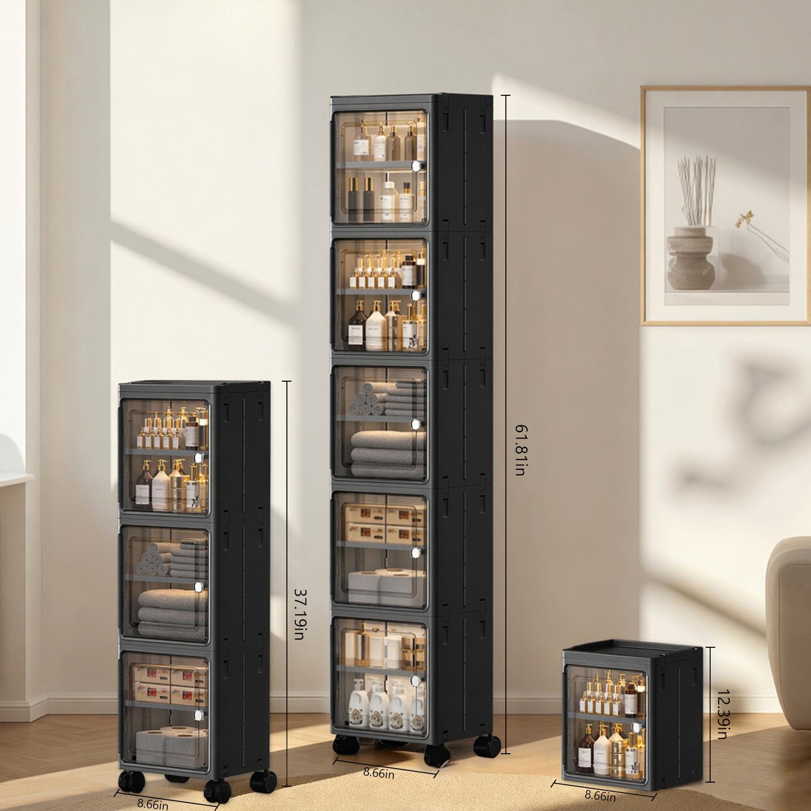 Slim Narrow Foldable Storage Cabinet, Magnetic Transparent Door Tall Organizer with Rolling Lockable Casters, Adjustable Layer Plastic Cabinet for Kitchen Gaps, Bathroom & Laundry Room Home Storage