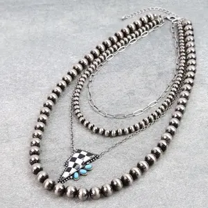 Four Layer Western Necklace with Checker Thunder Pendant Beaded Design for Women
