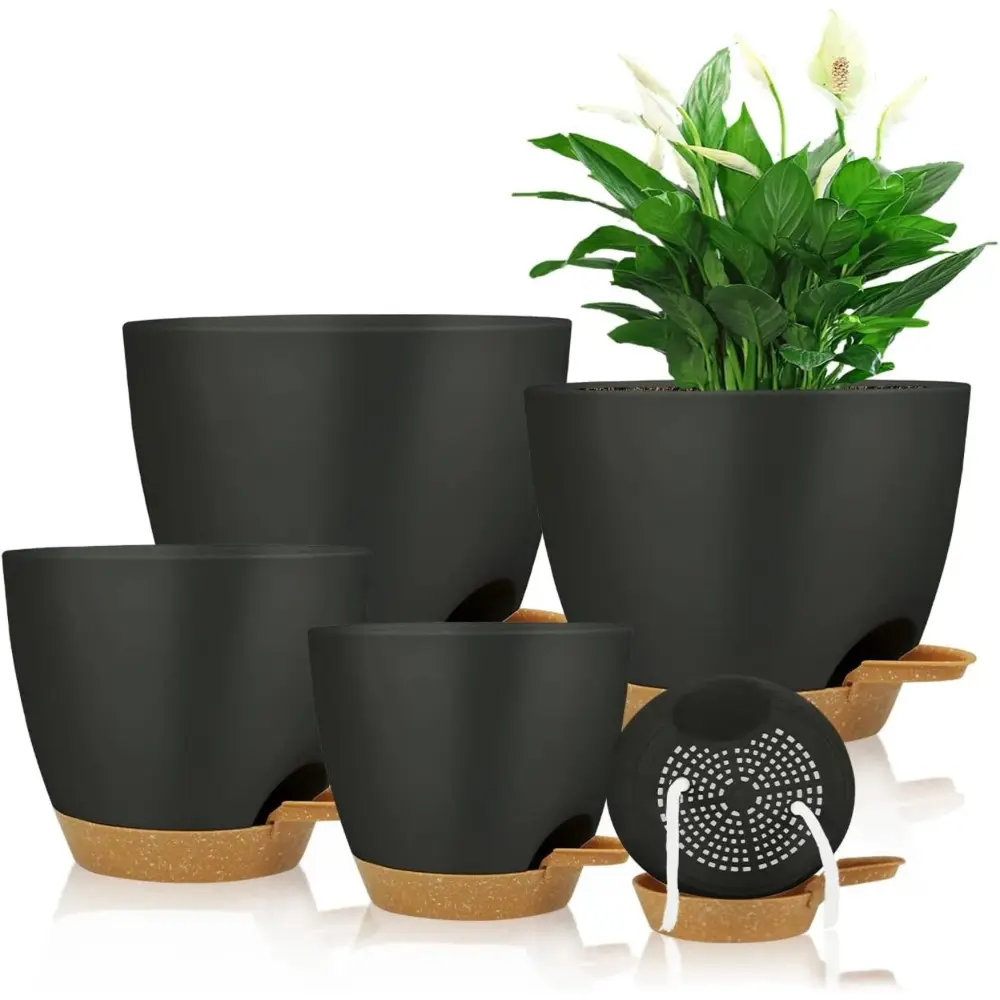 Self Watering Planters with Drainage Holes Reservoir, Nursery Planting Pot for Indoor Decor Garden Plants Succulents, Snake Plant, African Violet, Plastic Flower Pots Set 7+6.5+6+5.5+5 Inch (Black)