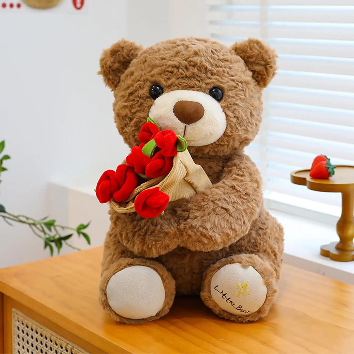 Cute Teddy Bear Plush Toy with Red Rose, Teddy Bear Stuffed Animal with a Cute Bouquet of Flowers, Romantic Teddy Bear Stuffed Animal for Girlfriend Boyfriend Mom Brown(11.8in)