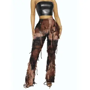 Women's Tie Dye Print Fringe Trim Pants, Street Fashion Casual Trousers for Daily Wear, Ladies Bottoms for Spring & Fall