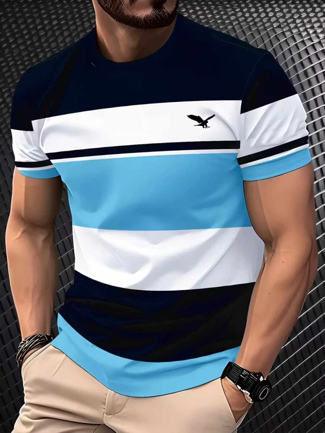Men's Short Sleeve T-Shirt, Breathable Round Neck, Non-See-Through, Lightweight Comfortable Fitted Casual Wear, Eagle Logo Fashion Tee, Casual Streetwear Top, Menswear for All Seasons, Casual Summer Tee