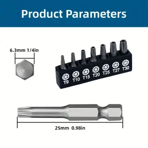 7 Piece Alloy Steel T-Shaped Screwdriver Set with 1/4 Inch Hex T9-T30 Torx Bits, Durable 25mm Tool Accessories for Auto and Electronics Repair