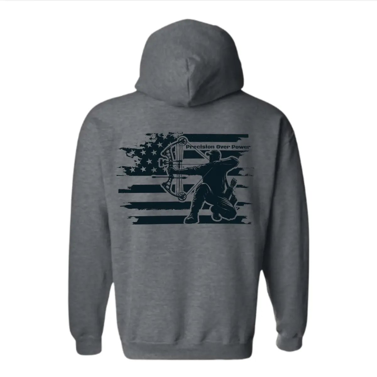 Precision Over Power Hoodie - Bow Hunter Silhouette with Distressed American Flag Graphic, Perfect for Archery Practice, Hunting Trips and Casual Wear Menswear Sweaters