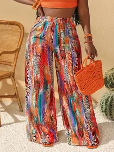 Women's Plus Size Loose Fit Tropical Print Summer Elastic Waist Long Pants, Bohemian Bottoms, Comfortable and Stylish Casual Wear for Women