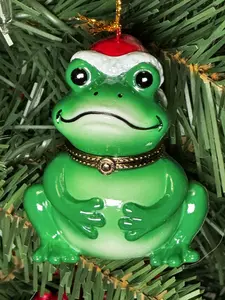 Frog Santa Hat Porcelain Hinged Surprise Gift Trinket Box Christmas Ornament