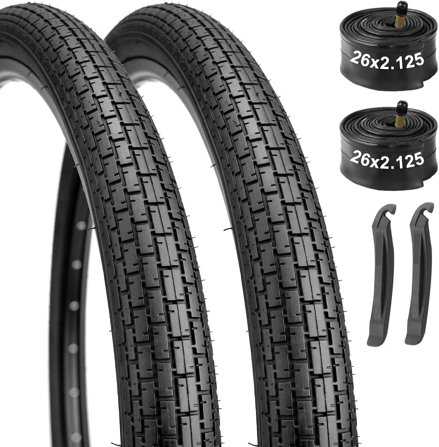 26x2.125 Cruiser Bike Tires Set: Folding Replacement Tires and Pair 26-inch Inner Tubes for Beach Cruiser and Urban Commuting Bicycle-Black