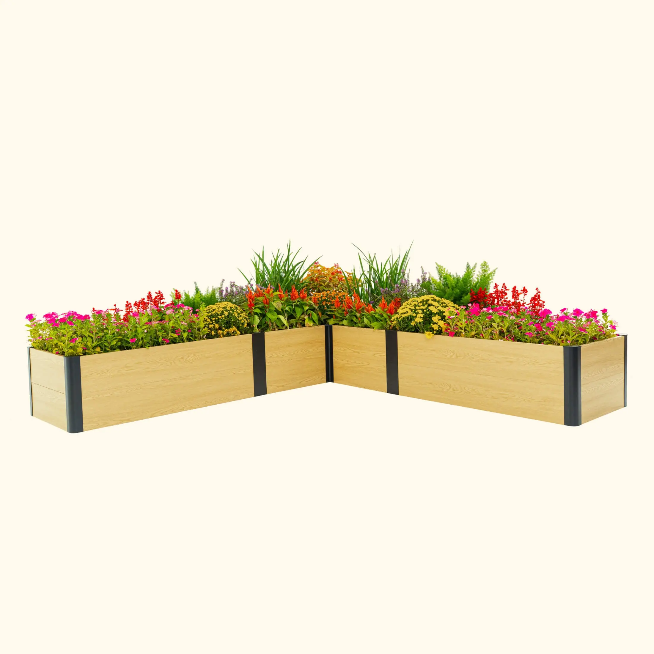 Vego Garden 16in Tall Woodgrain 8ft x 8ft L-Shaped Metal Raised Garden Bed Boxes, Reinforced Structure, Weatherproof Finish Elevated Planting Box