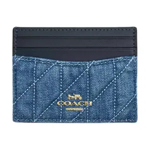 COACH Card Case 10 – Ultra-Thin Quilted Classic Logo Denim and Smooth Leather Unisex Card Holder in Indigo