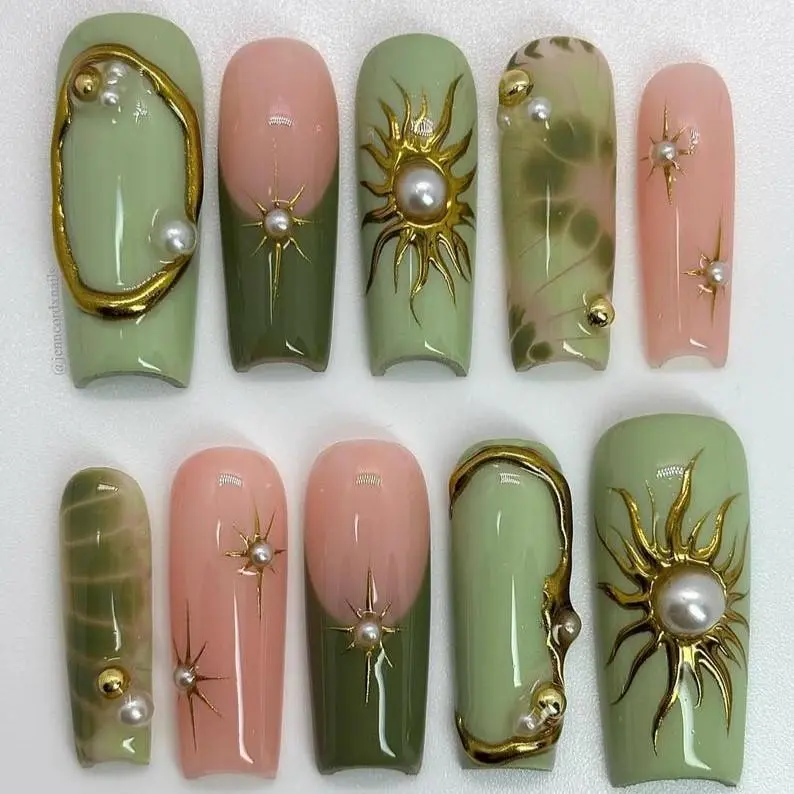 [FLASH SALE 50%] Grunge sun press on nails, sage green and blush pink nail set, pearl charm accents, elegant handmade summer nails