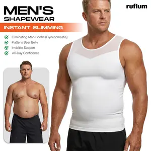 【ruflum】Men Compression Shapewear Tank Top Seamless Undershirts Bionic Targeted Tummy Control Eliminate Man Boobs X-Shape Back Stretch Posture Correction Breathable Mesh Fabric Basic Menswear for Special Events Dating Business Party Sports Holiday Gift
