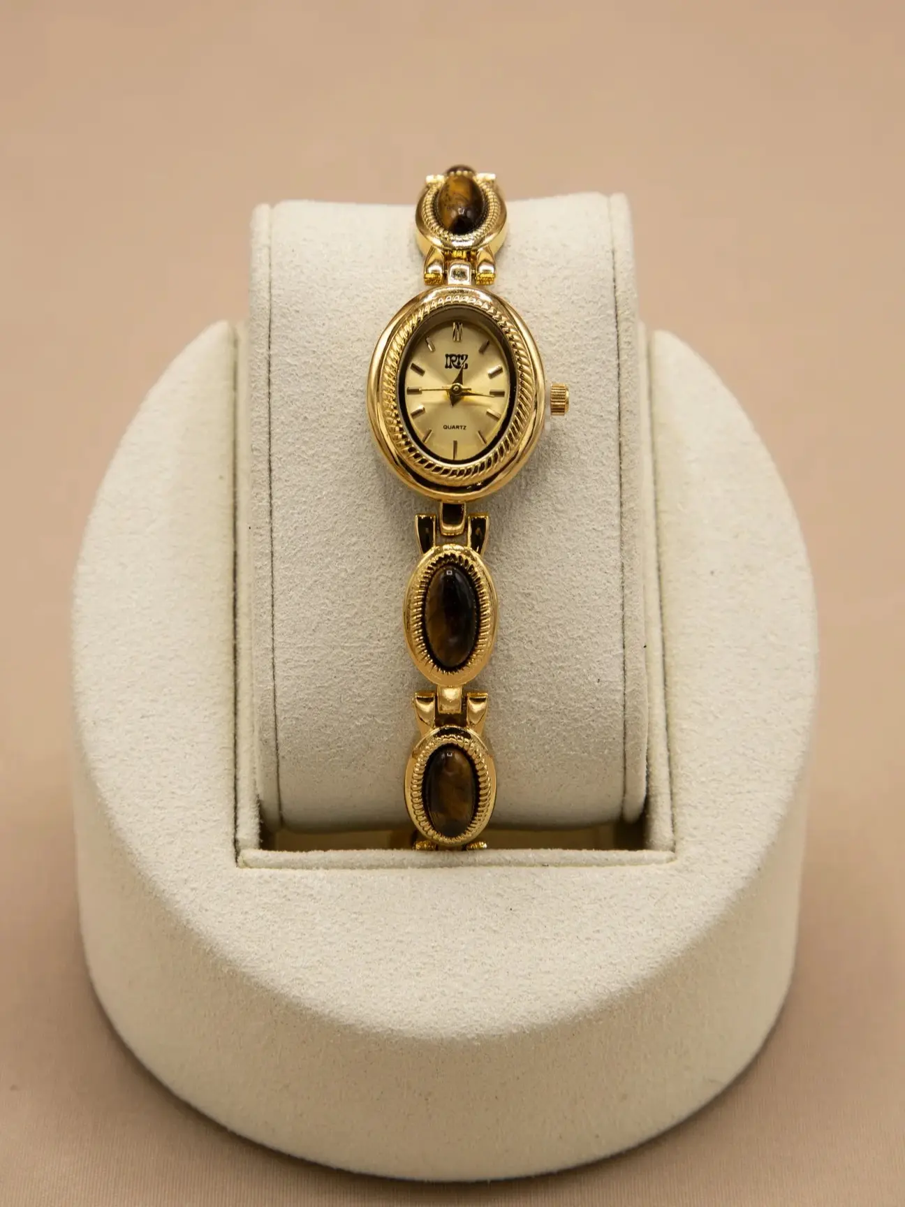 Tiger Lily Brown Watch - Gold Stainless Steel Women's Watch with Tiger Eye Accents, Golden Dial, Mineral Glass, Quartz Movement, 30M Water Resistant, Japan Maxell 626sw Battery