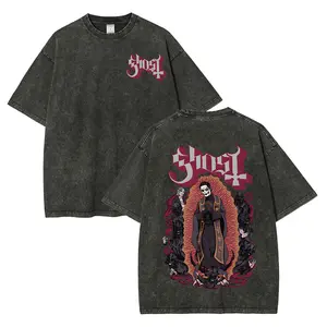 Unisex Fit Washed T-Shirt Ghost Band Graphic Tee Rock Merchandise Top Men'S & Women'S Clothing Retro Music Vintage Casual Short Sleeve T-Shirt For Daily Wear