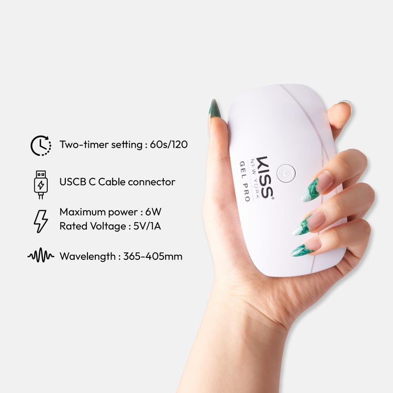 KISS NEW YORK Gel Pro UV LED Portable Nail Lamp with Auto-Shutoff, 1.5 Meter Flat-Type USB-C Cable, Lightweight Design for Gel Nail Art, DIY Use