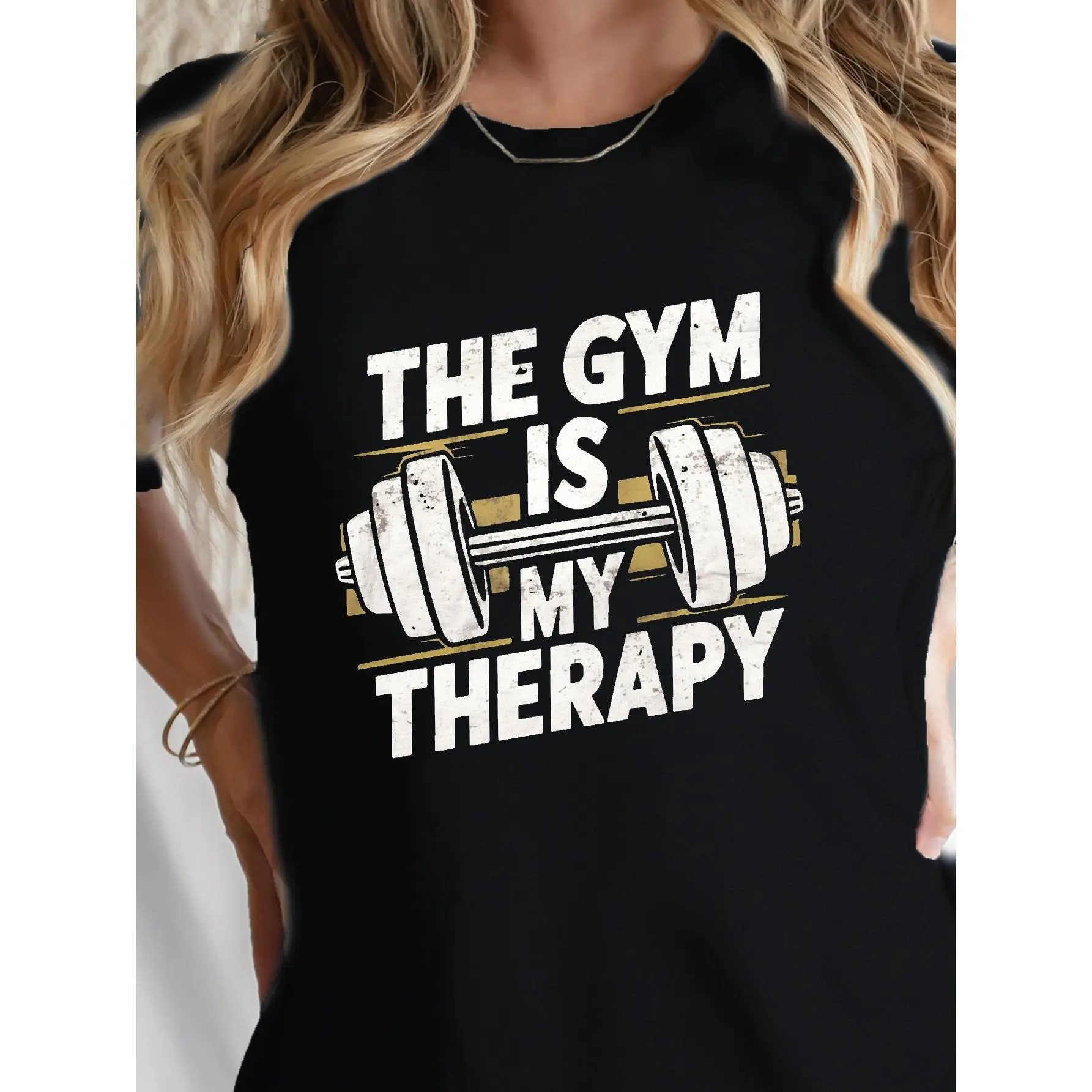 Women's Inspirational Weightlifting T-Shirt - Dumbbell Pattern Short Sleeve Crew Neck Top, Regular Version Gym Training and Daily Wear Dual-Use - Spring, Summer and Autumn Comfort Clothing