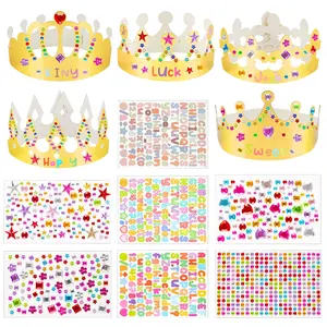 Gold Paper Crowns, 15 Pcs DIY Birthday Party Crowns, King & Princess Crown Hats with Gem Stickers, Letters and Number Stickers for School, Party & Craft Decoration