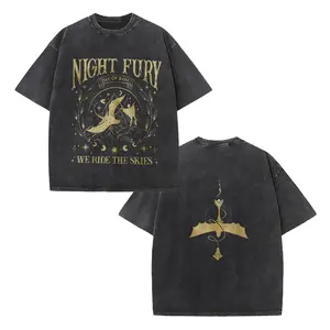 How to Train Your Dragon Night Fury Toothless Washed Black Oversized T-Shirt, Vintage Acid-Wash Cotton Tee, Front "We Ride the Skies" Gold Print & Back Tail Graphic, Unisex Casual Short Sleeve for Streetwear & Outdoor Wear