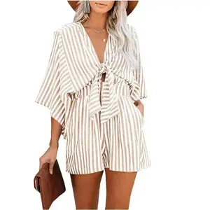 Women's Striped Print Knot Front Romper, Casual Batwing Sleeve Pocket Jumpsuit, Ladies Flattering Silhouette Clothes for Summer Daily Wear Back To School, Rompers for Women Outfit Overalls Womenswear Fitted Light Blue Vneck Pink