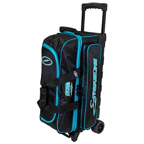 Storm Streamline 3-Ball Capacity Roller Bowling Bag, Diamond Pattern 600D Polyvinyl with Large Shoe Compartment, Black/Aqua, Roller Wheels, Functional Bags, Unisex