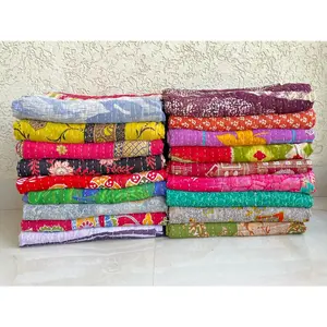 Cotton Vintage Kantha Reversible Indian Boho Kantha Throw, Colors - Set of 1
