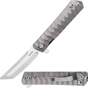 3.4 Inches Lightweight Titanium Alloy Folding Knife，D2 Steel Tanto Blade with Smooth Ball Bearing Opening, Durable EDC Utility Tool for Camping, Hiking and Daily Carry