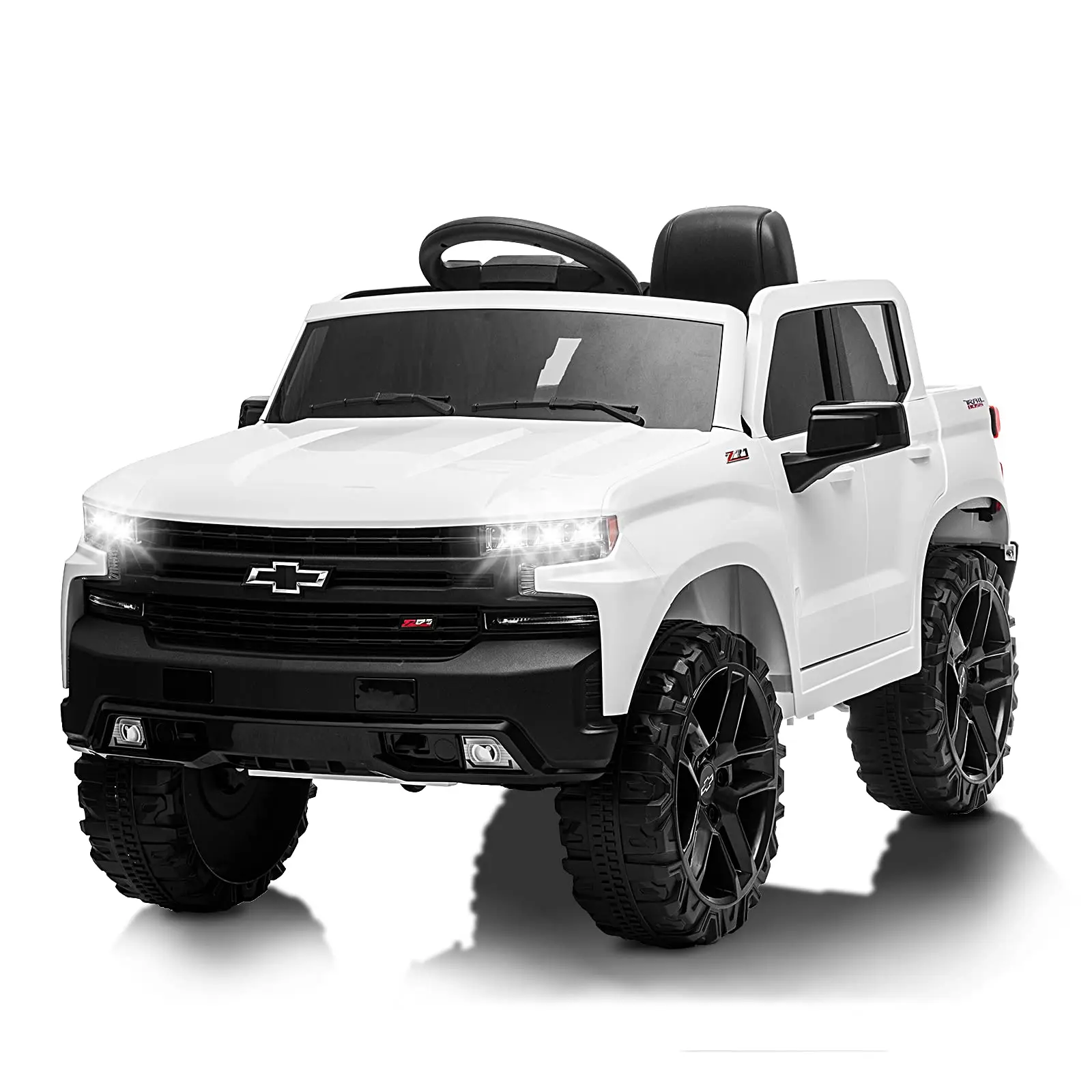 GARVEE Licensed Silverado-Style GMC Kids 12V Battery-Powered Electric Ride-On Truck with Remote Control, MP3/Bluetooth, Spring Suspension, LED Lights, Central Control, Ride on Wheels (White, 3-4 Years)