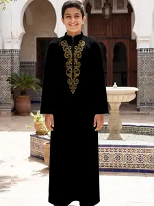 Boys Velvet Embroidered Robe, Arabic Traditional Clothing, Prayer Wear, Moroccan Ethnic Style Kids Fashion