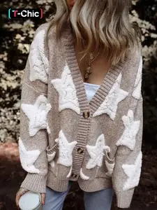 Women's Star Jacquard Button Front Pocket Knitted Cardigan, Casual Drop Shoulder V Neck Knitwear for Fall & Winter, Fashion Ladies' Knit Clothing for Daily Wear Womenswear