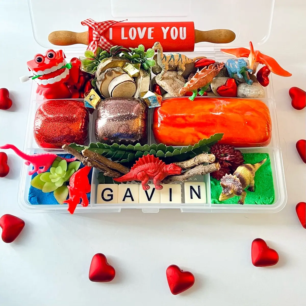 Valentine's Day Play Dough Kit, Personalized Toddler Valentine's Day Gift, Sensory Kit for Kids, Dino-mite Toddler Gift