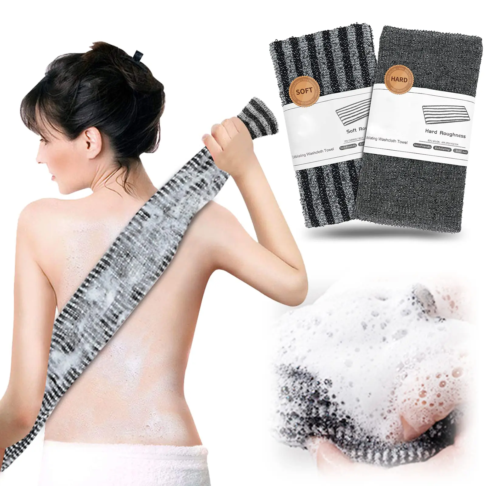 2 Pack Smoothing Quickdry Nylon/Polyester Exfoliating Washcloth Towels - 40" Length Bathroom Body Scrubber, Loofah Net Rag, Back Wipe for Shower Use to Boost Radiant Skin