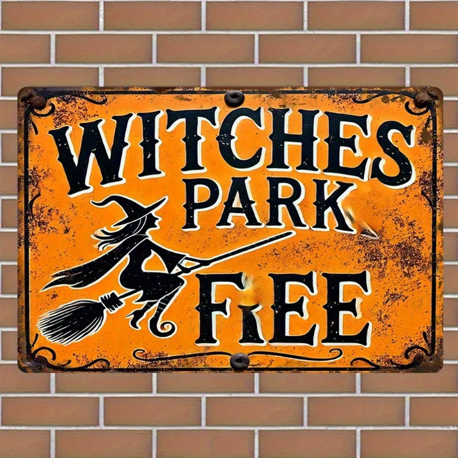 2D Flat, 2D Flat Vintage "Witch Free Parking" Metal Aluminum Sign - Halloween Broom Witch Decoration - Orange Black Rustic Wall Art - Weather-Resistant Heavy-Duty Metal Plaque - Indoor/Outdoor Garage, Bar, Home Decor - Spooky Halloween Party
