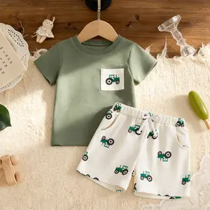 6M-3T Newborn Baby Toddler Kids Toddler Boy 2 Piece Outfit Set Summer Short Sleeve Tractor Print Pocket T-Shirt And Tractor Print Shorts
