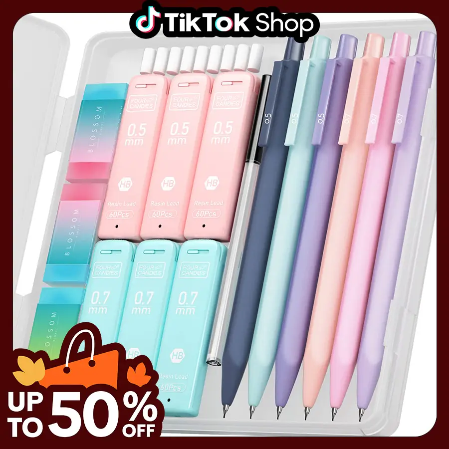 Four Candies Cute Mechanical Pencil Set, 6PCS Pastel Pencils with 360PCS HB Pencil Leads, 3PCS Erasers and 9PCS Eraser Refills, with case, Suitable fo