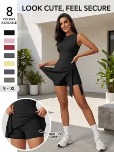 Two-Piece Women's Outdoor Sport Dress, Sports Sleeveless Dress, Yoga Running Pilates Commute Beach Daily Essential, High Elastic Comfortable Casual, Waist Cinch Slimming Set, Sleeveless Workout Dress