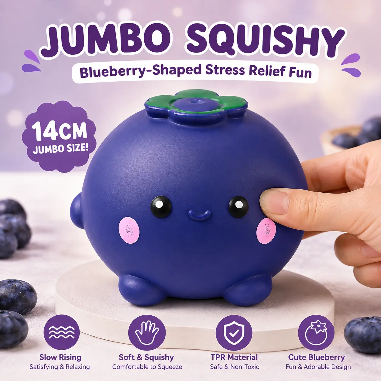 jumbo squishy, blueberry squishy, giant blueberry toy, shaving cream squishy, TPR squeeze toy, stress relief toy, sensory fidget toy