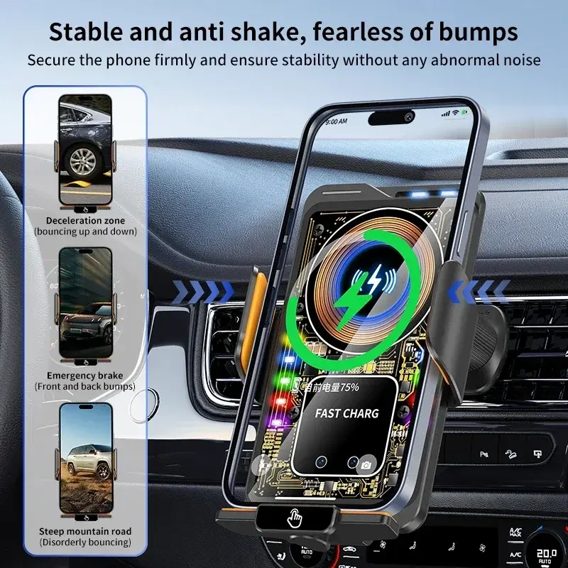 66W Magnetic Auto-Clamping RGB Electronic Smartphone Charger - Mountable Car Phone Holder Stand Bracket for iPhone 17/16/15, Android Devices