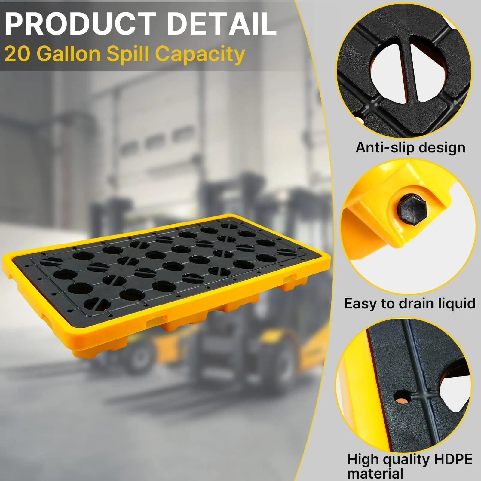 2 Drum Spill Containment Pallet, 51.2" x 26.8" x6", with grated Drain outlets and Forklift Pockets, Spill Platform for Indoor and Outdoor Storage of Goods, 4400lbs Load Capacity, 20 Gallon Sump