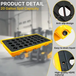 2 Drum Spill Containment Pallet, 51.2" x 26.8" x6", with grated Drain outlets and Forklift Pockets, Spill Platform for Indoor and Outdoor Storage of Goods, 4400lbs Load Capacity, 20 Gallon Sump