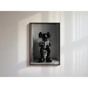 Black Kaws Figure Sitting On The Toilet Reading A Newspaper, Kaws Poster Print, Hypebeast Figure Poster, KAWS Poster, Kaws Picture Poster Decor Room