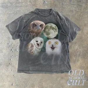 Three Owls Funny Vintage Graphic T-shirts, Retro Silly Owl Moon Tshirt, Fun Nature Shirt, Weirde Gifts, Washed Adult Tee, Joke Shirts