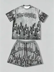 Men's 2-Piece Washed Black Outfit - Menswear Oversized Rhinestone Flame Graphic Print Los Angeles Letter T-Shirt & Shorts Set, Y2K Streetwear, Summer Casual Hip Hop Festival Outfit