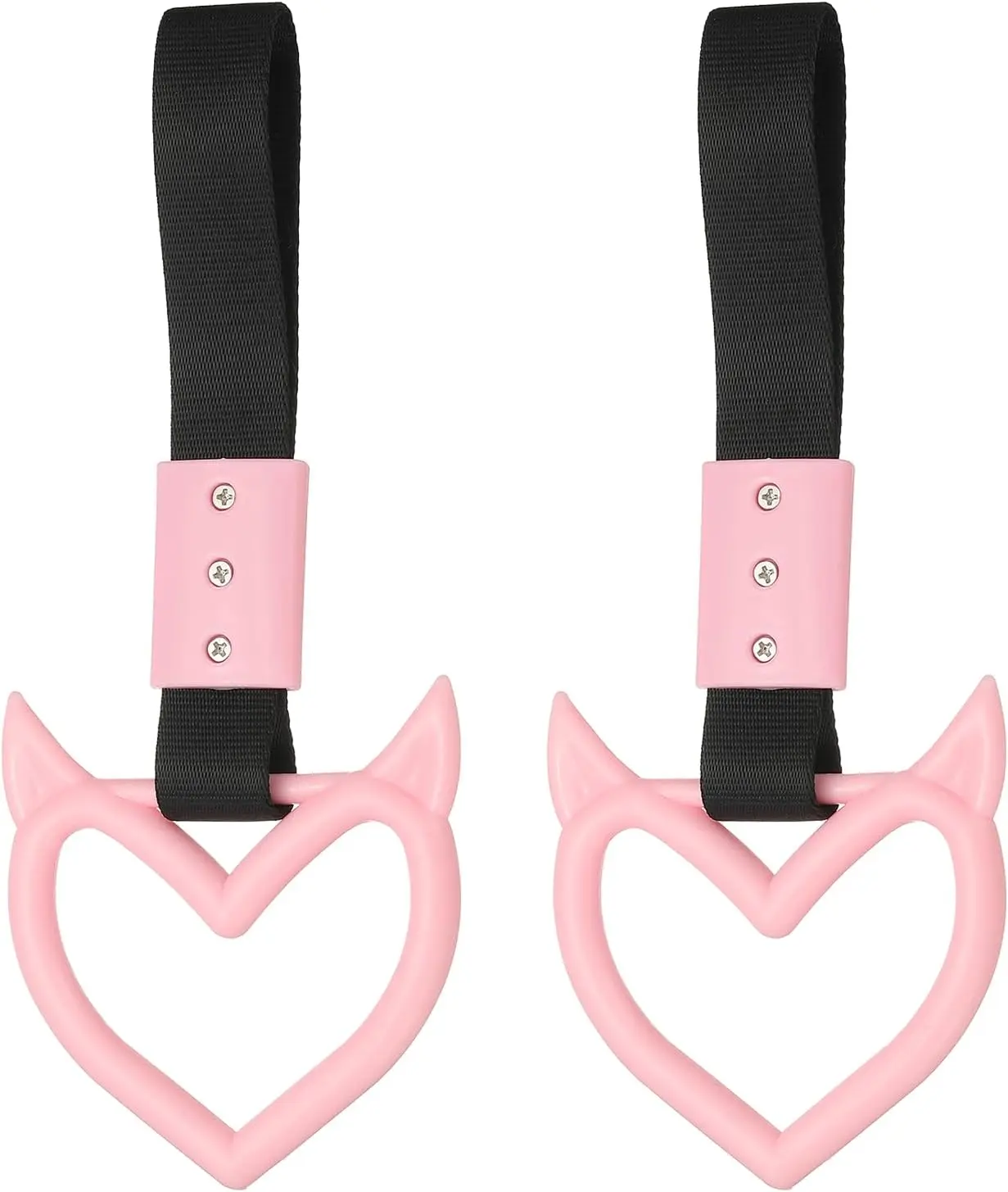 2 Pcs Evil Heart Shaped Car Handle Straps, Car Hanging Accessories Bumper Warning Ring Drift Charm for Auto B Decor Interior Exterior Decoration, Pink (Black Strap)