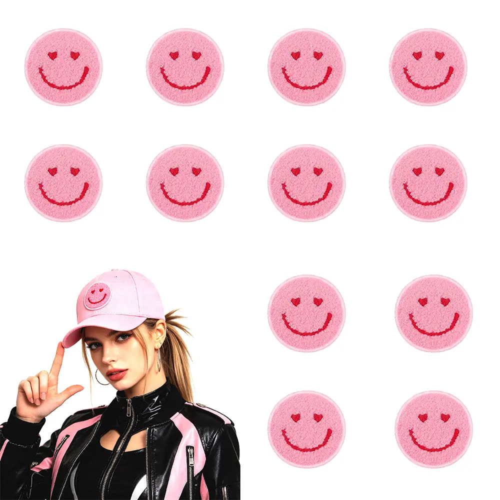 Valentines Smiley Face Iron-On Patches - 12 Pcs/Set, 6cm (6 cm/2.36 inches), Cute and Vivid Pink Embroidered Sew-On DIY for Girls' Denim Jackets, Scrapbooks, Clothing