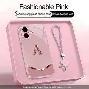 Suitable for [iPhone 16] high-end women's phone case🤩，a beautiful four-leaf clover lanyard is included🍀，simple yet sophisticated design, 26 English letters to choose from, printable patterns, non-glittery diamonds YM99