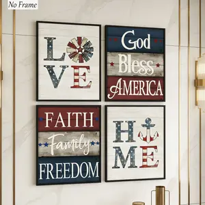 Independence Day Patriotic Wall Art Set, 4pcs Vintage Flag Design, Express Love & Freedom, Home Decor for Any Space, Unframed Painting