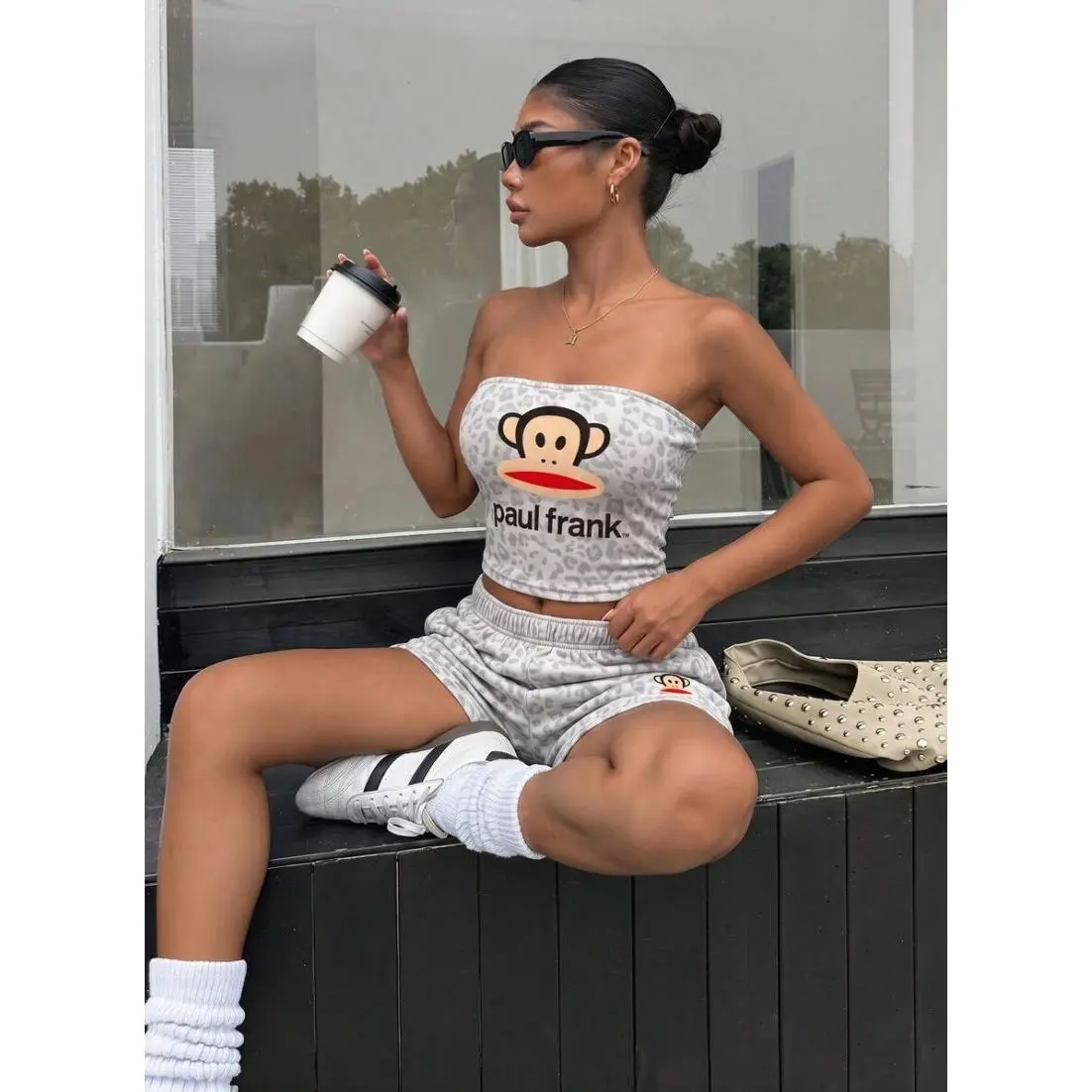 Lumina x Muchica Paul Frank X SHEIN Women's Casual Street Wear Leopard Print Cartoon Print Cropped Tube Top And Shorts 2pcs Set, Suitable For Summer Everyday Grey Leopard Print