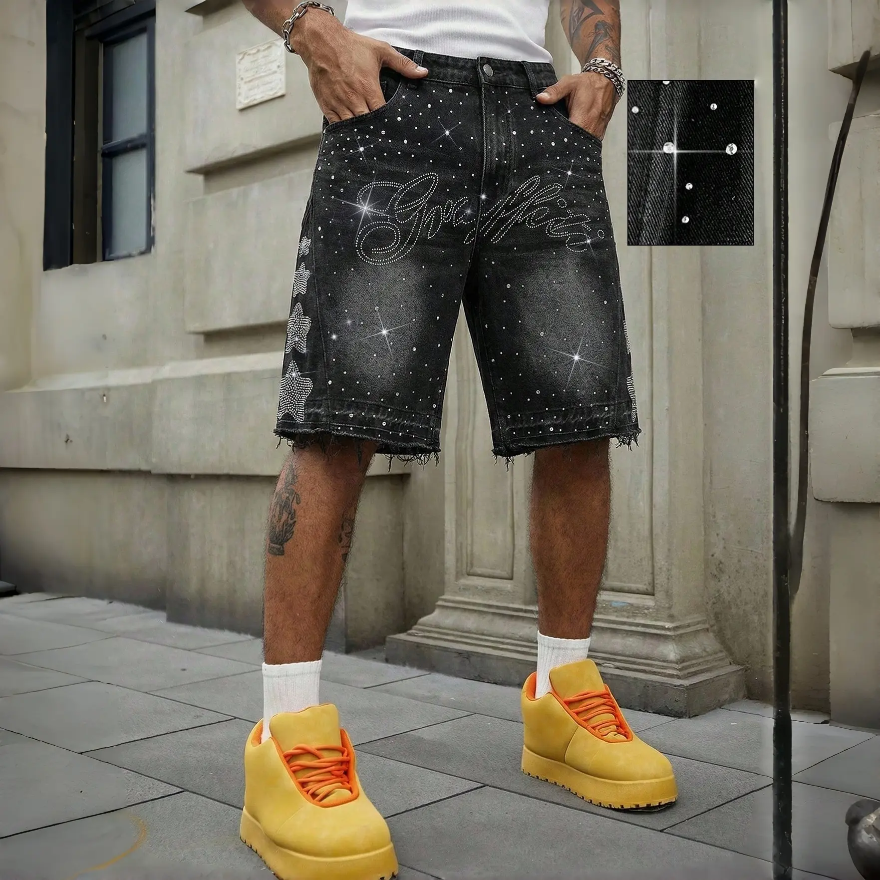 Men's Menswear Washed Denim Jeans Shorts - Black/Gray Fabric, Rhinestone Detailing, Vintage Distressed, Relaxed Loose Straight Cut, Hem Design, Suitable for Streetwear, Nighttime Outings