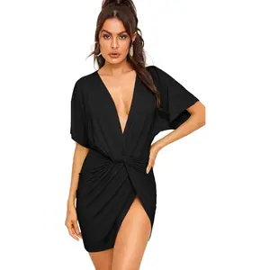 Women's Deep V Neck Twisted Plunging High Slit Mini Party Dress