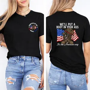 T - shirt with “WE'LL PUT A BOOT IN YOUR ASS” slogan, American flag & military boot graphic, front “CONTEST OF THE RED WHITE AND BLUE” design