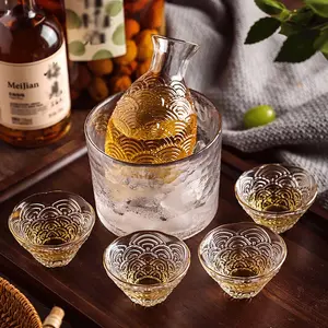 Clear Glass Sake Set Including 1 Warming Mug, 1 Sake Pot, 4 Sake Cups for Hot or Iced Sake Ideal for Sake Lovers
